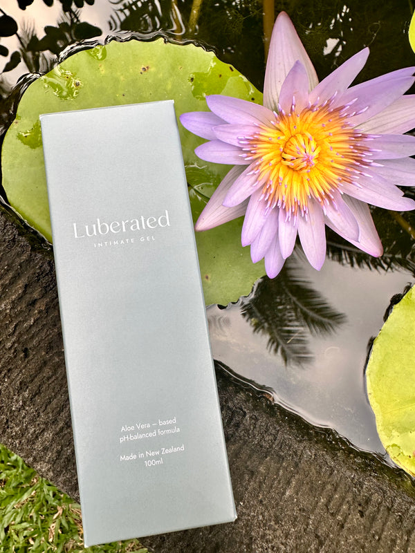 A photo of Luberated aloe based lubricant, text on the box reads Made inNew Zealand